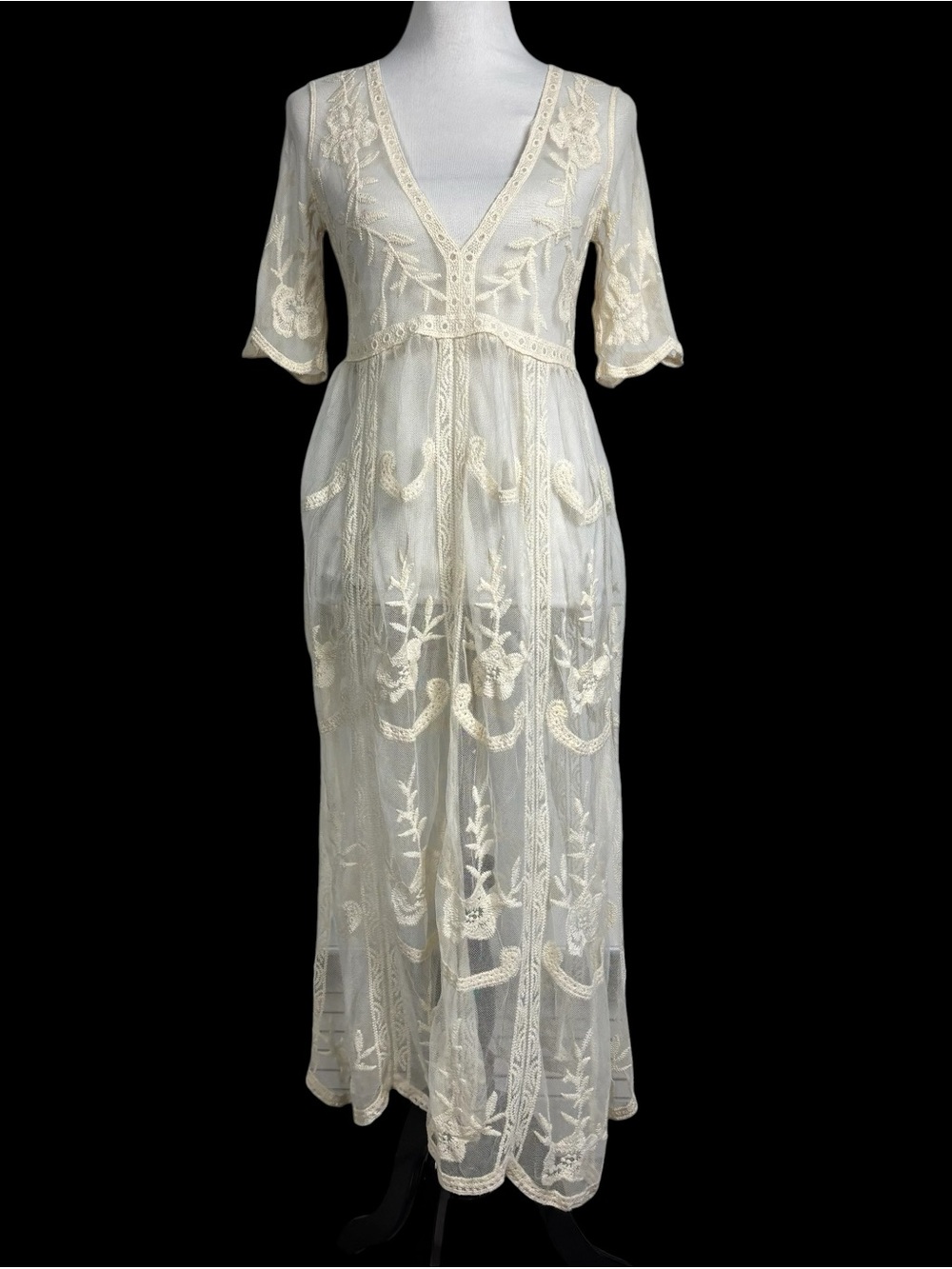 Woven Heart Lace Sheer Embroidered Boho Dress Dusty Pink Midi Size Medium Floral